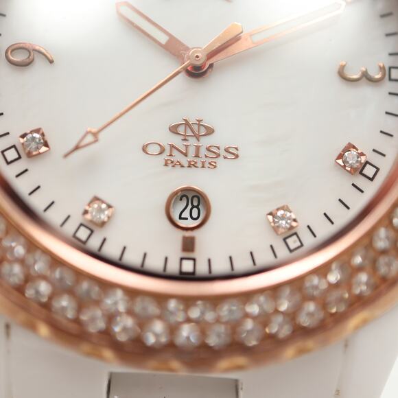 Oniss Paris White Ceramic MOP Day Date Watch 38mm Sapphire Crystal w New Battery - Picture 8 of 14